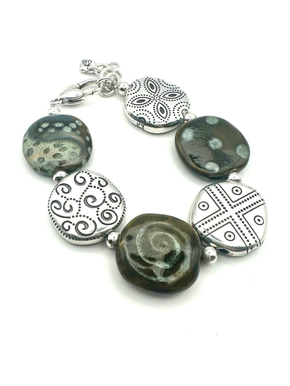 Brighton Kazuri Hand painted Clay Etched Beads Silver Plate Bracelet ~Kenya